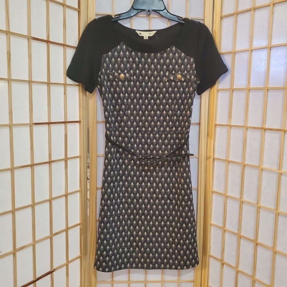 Yumi Diamond Print Belted Dress Sz 2/4 - Picture 2 of 8